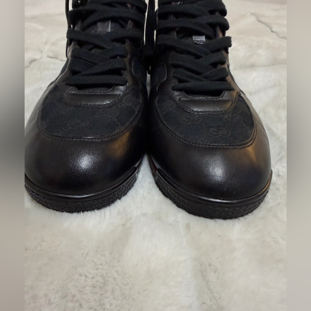 Gucci Ace Black Leather Canvas Signature Red Stripe Low Tennis Sneakers 10.5 - Picture 3 of 16